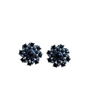 Silvertone Black Clear Rhinestone Cabochon Flower Stud Earrings 1 inch
